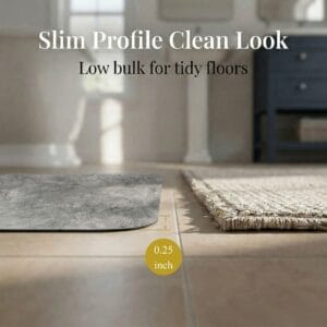 Side profile of Urban Concrete bath mat showing 0.25 inch slim thickness next to woven rug