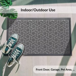 Geometric rubber doormat shown at indoor/outdoor entryway