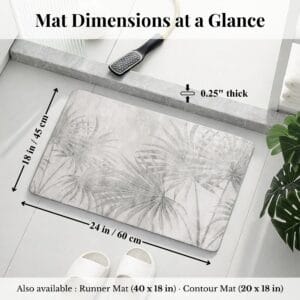 Overhead view of bath mat with dimensions labeled: 24x18 inches, 0.25" thick
