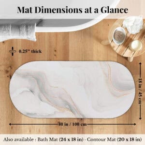 Overhead view of Marble Vein bath mat runner with dimensions labeled: 18x40 inches, 0.25" thick