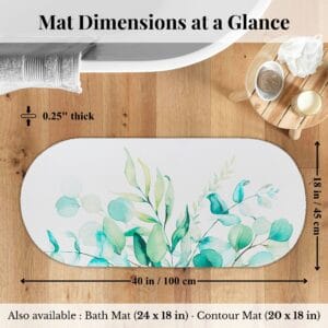 Overhead view of Eucalyptus Mist bath mat runner with dimensions labeled: 18x40 inches, 0.25" thick