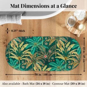 Overhead view of Jungle Bloom bath mat runner with dimensions labeled: 18x40 inches, 0.25" thick
