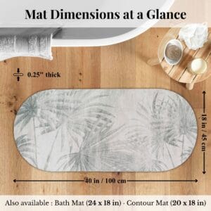 Overhead view of Palm Breeze bath mat runner with dimensions labeled: 18x40 inches, 0.25" thick