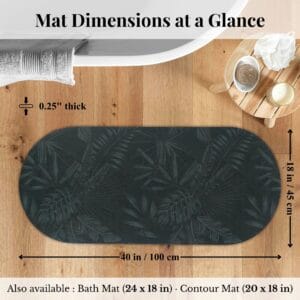 Overhead view of Tropical Night bath mat runner with dimensions labeled: 18x40 inches, 0.25" thick