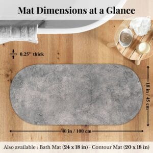 Overhead view of Urban Concrete bath mat runner with dimensions labeled: 18x40 inches, 0.25" thick