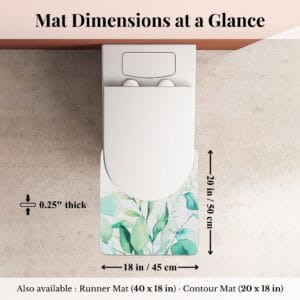 Overhead view of Eucalyptus Mist contour mat around toilet with dimensions labeled: 18x20 inches, 0.25" thick