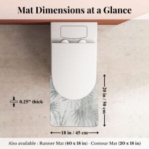 Overhead view of Palm Breeze contour mat around toilet with dimensions labeled: 18x20 inches, 0.25" thick
