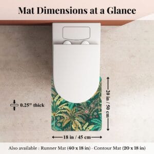 Overhead view of Jungle Bloom contour mat around toilet with dimensions labeled: 18x20 inches, 0.25" thick