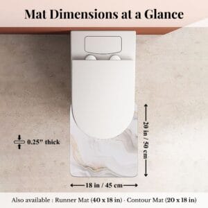 Overhead view of Marble Vein contour mat around toilet with dimensions labeled: 18x20 inches, 0.25" thick