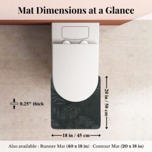 Overhead view of Tropical Night contour mat around toilet with dimensions labeled: 18x20 inches, 0.25" thick