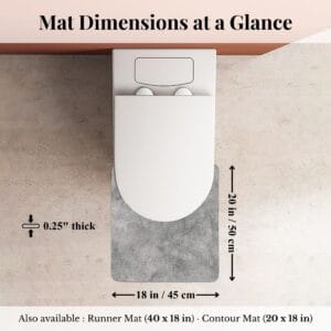 Overhead view of Urban Concrete contour mat around toilet with dimensions labeled: 18x20 inches, 0.25" thick