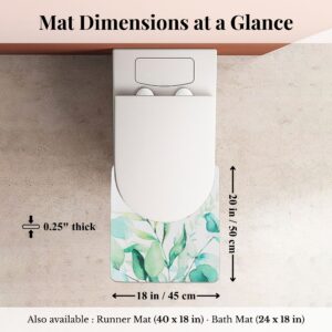 Overhead view of Eucalyptus Mist contour mat around toilet with dimensions labeled: 20x18 inches, 0.25" thick