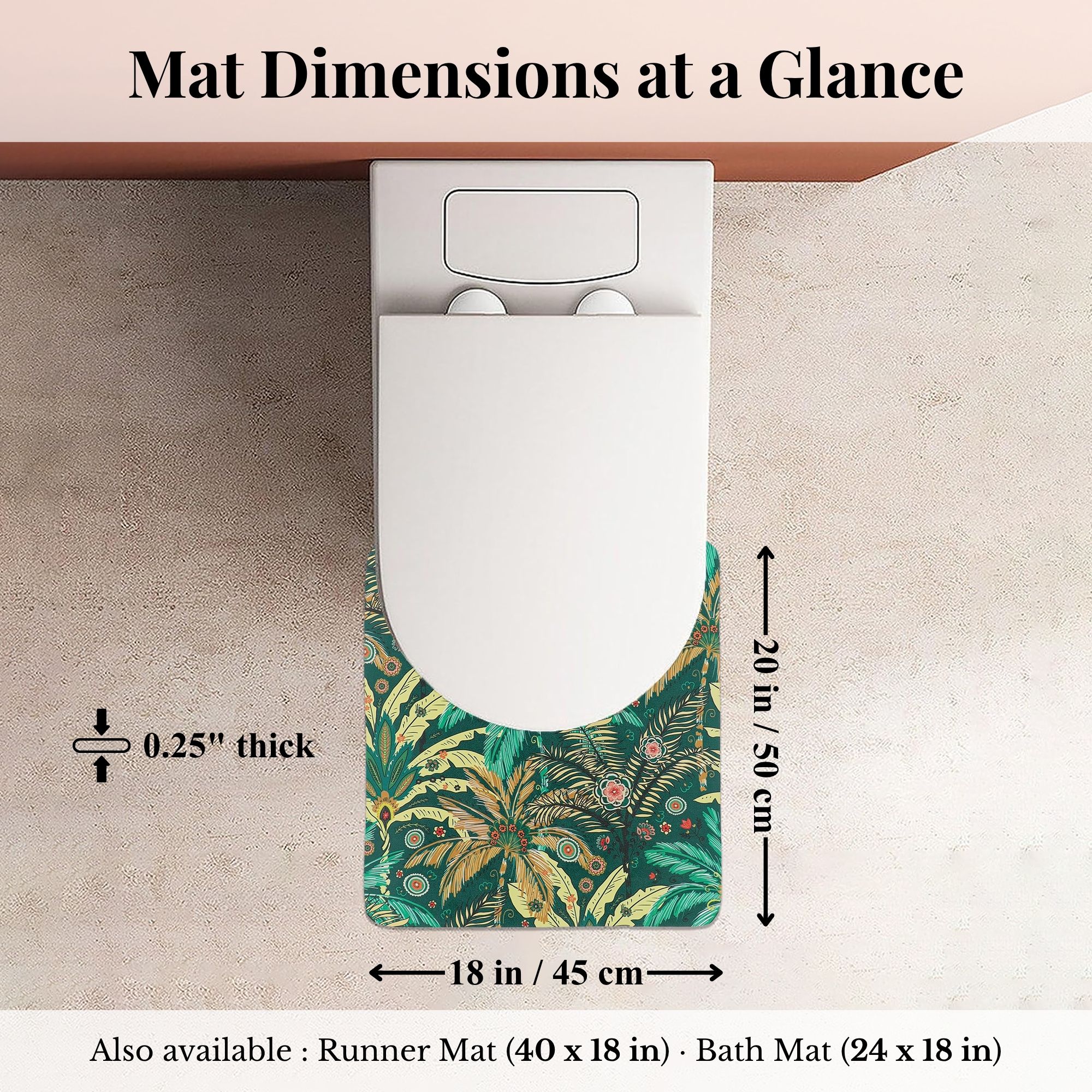 Jungle Bloom bath mat 20x18 dimensions size chart. Evideco