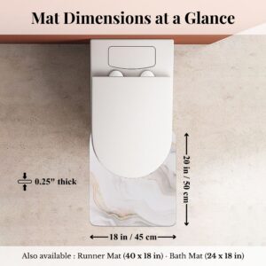Overhead view of Marble Vein contour mat around toilet with dimensions labeled: 20x18 inches, 0.25" thick