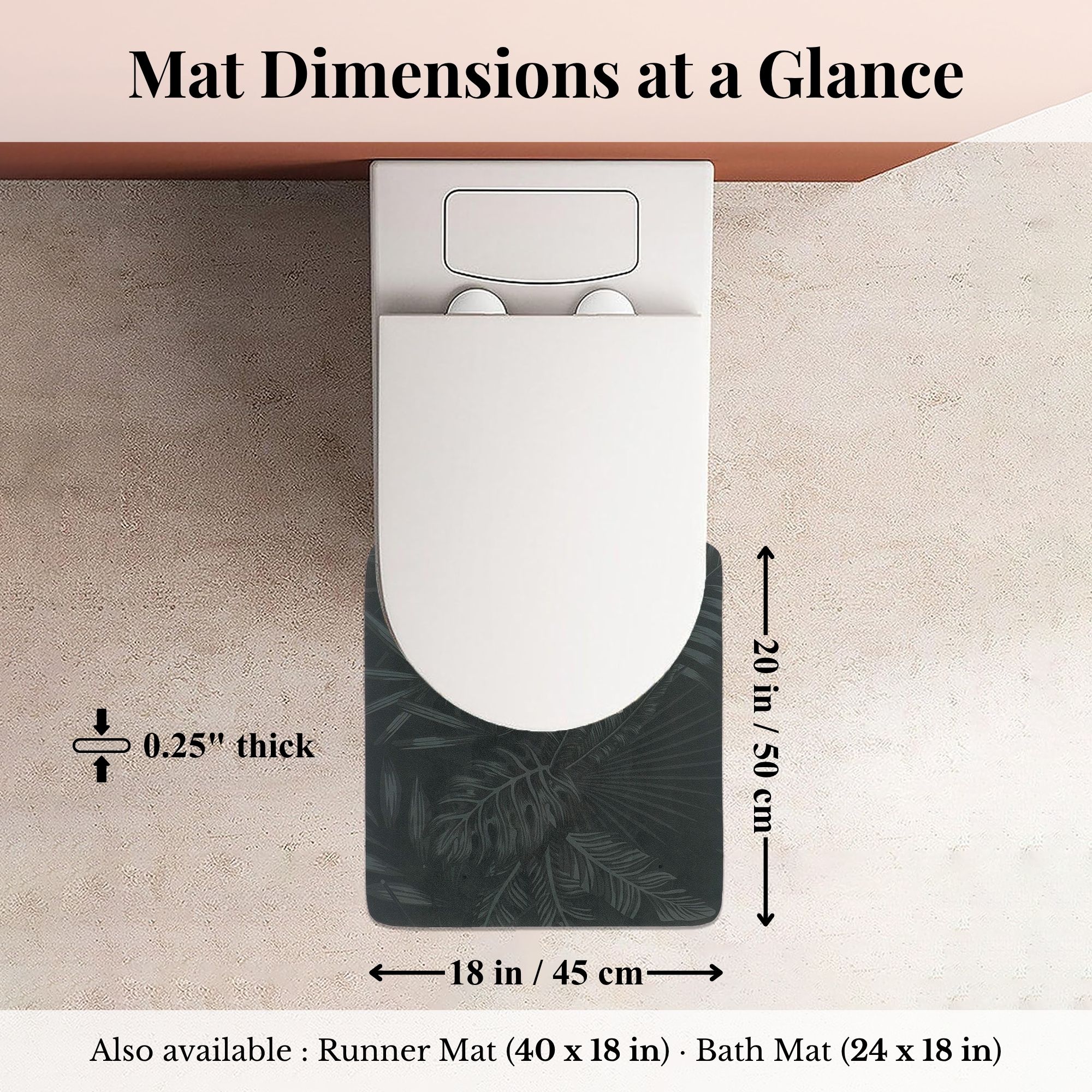 Tropical Night bath mat 20x18 dimensions size chart. Evideco