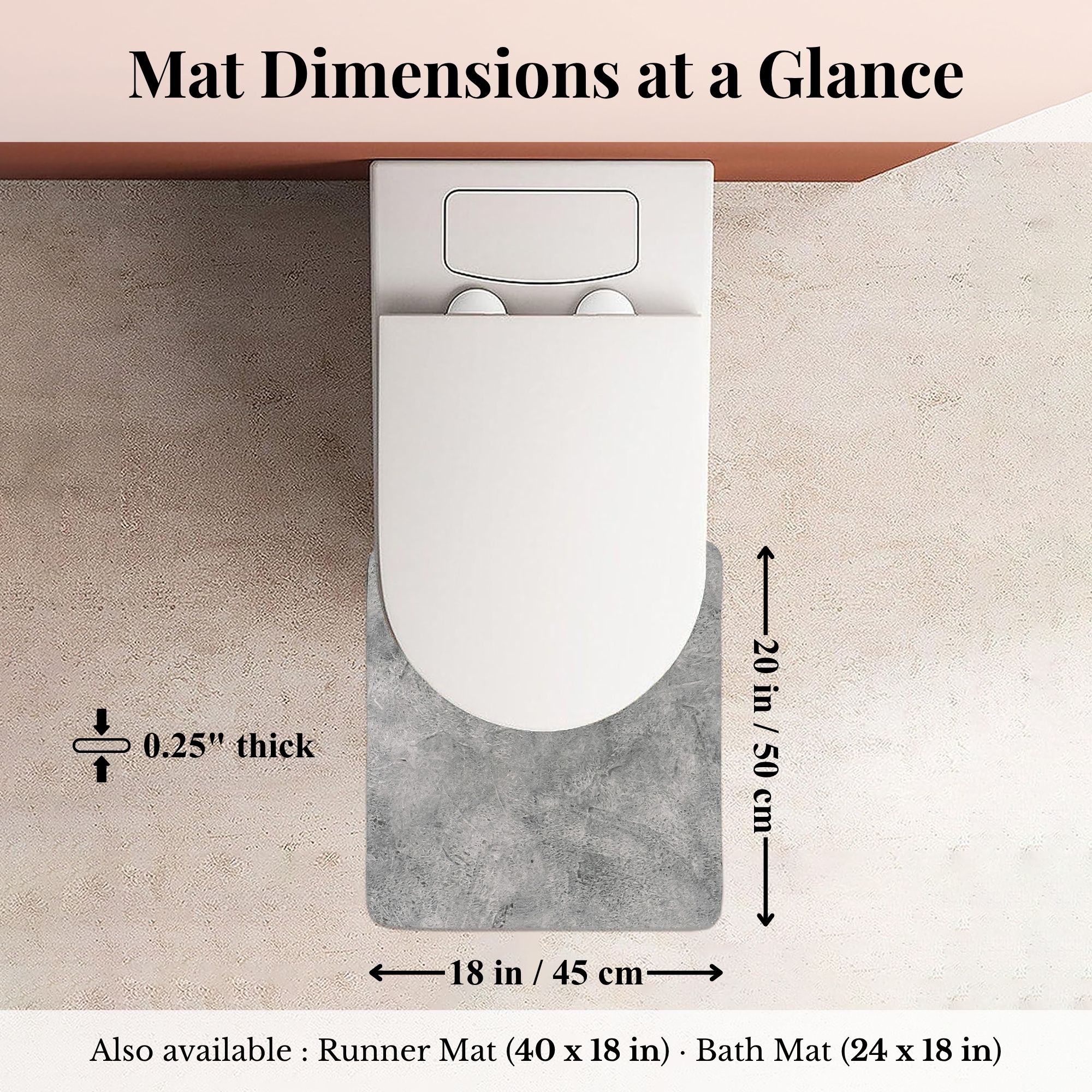 Urban Concrete bath mat 20x18 dimensions size chart. Evideco