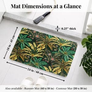 Overhead view of Jungle Bloom bath mat with dimensions labeled: 24x18 inches, 0.25" thick