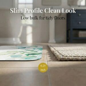 Side profile of Eucalyptus Mist bath mat showing 0.25 inch slim thickness next to woven rug