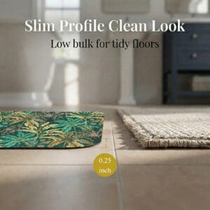 Side profile of Jungle Bloom bath mat showing 0.25 inch slim thickness next to woven rug