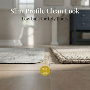 Side profile of Palm Breeze bath mat showing 0.25 inch slim thickness next to woven rug