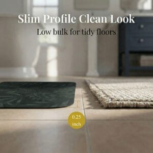 Side profile of Tropical Night bath mat showing 0.25 inch slim thickness next to woven rug
