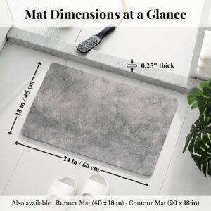 Overhead view of Urban Concrete bath mat with dimensions labeled: 24x18 inches, 0.25" thick