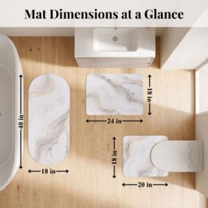 Overhead view of Marble Vein 3-piece bath mat set arranged in bathroom with dimensions: runner 40x18 in, bath mat 24x18 in, contour 20x18 in