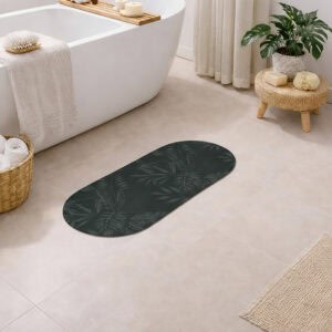 Tropical Night oval bath mat runner styled in spa bathroom with freestanding tub and plants