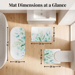 Overhead view of Eucalyptus Mist 3-piece bath mat set arranged in bathroom with dimensions: runner 40x18 in, bath mat 24x18 in, contour 20x18 in