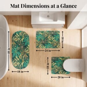 Overhead view of Jungle Bloom 3-piece bath mat set arranged in bathroom with dimensions: runner 40x18 in, bath mat 24x18 in, contour 20x18 in