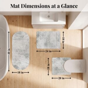 Overhead view of Palm Breeze 3-piece bath mat set arranged in bathroom with dimensions: runner 40x18 in, bath mat 24x18 in, contour 20x18 in