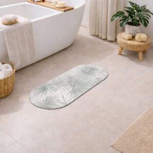 Palm Breeze oval bath mat runner styled in spa bathroom with freestanding tub and plants