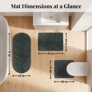 Overhead view of Tropical Night 3-piece bath mat set arranged in bathroom with dimensions: runner 40x18 in, bath mat 24x18 in, contour 20x18 in