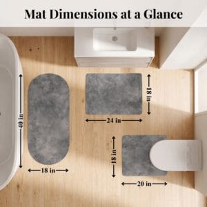Overhead view of Urban Concrete 3-piece bath mat set arranged in bathroom with dimensions: runner 40x18 in, bath mat 24x18 in, contour 20x18 in