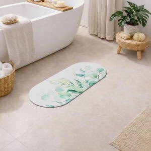 Eucalyptus Mist oval bath mat runner styled in minimalist bathroom with freestanding tub and plants
