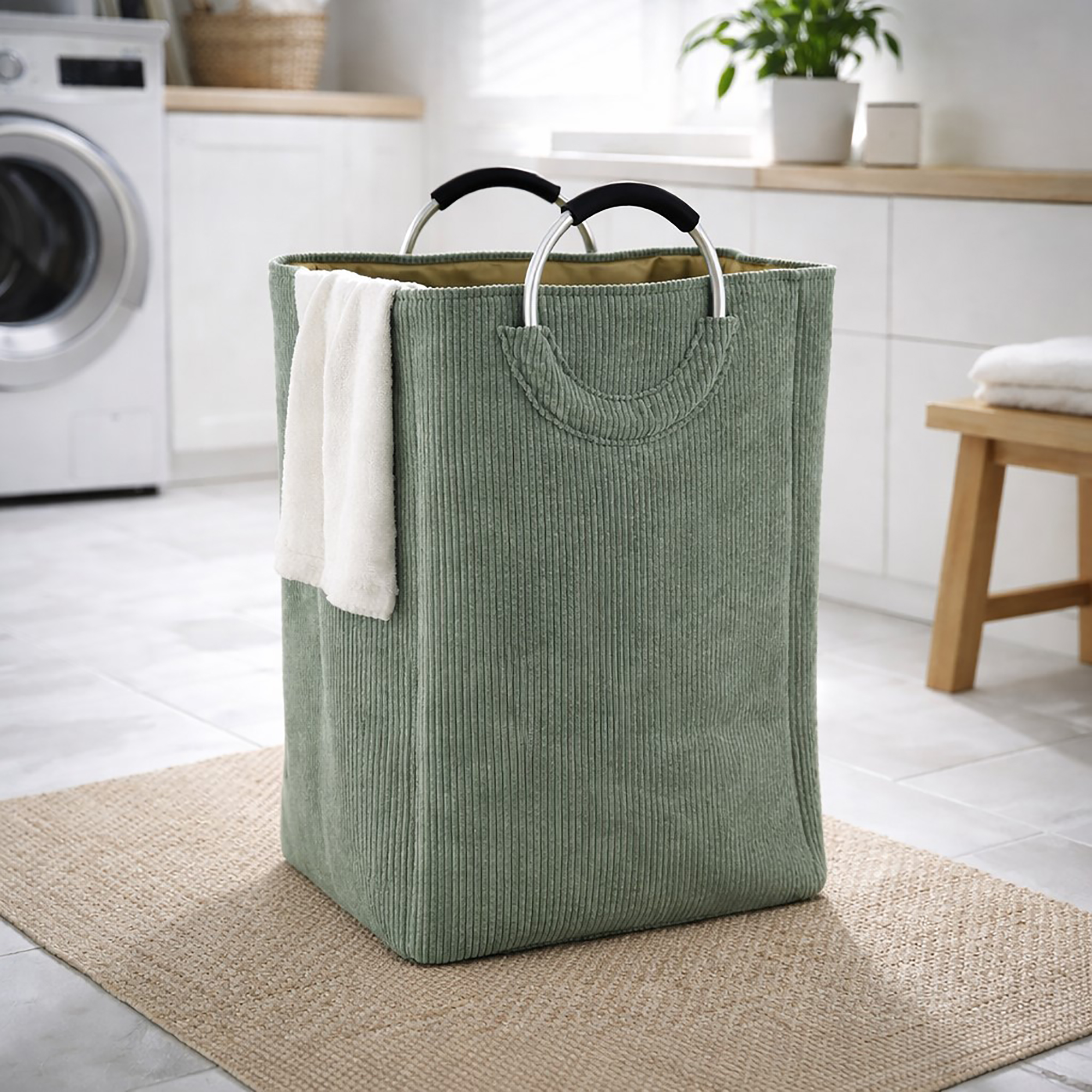 Sage green corduroy laundry basket with silver metal handles and a white towel draped over the side, in a bright laundry room.