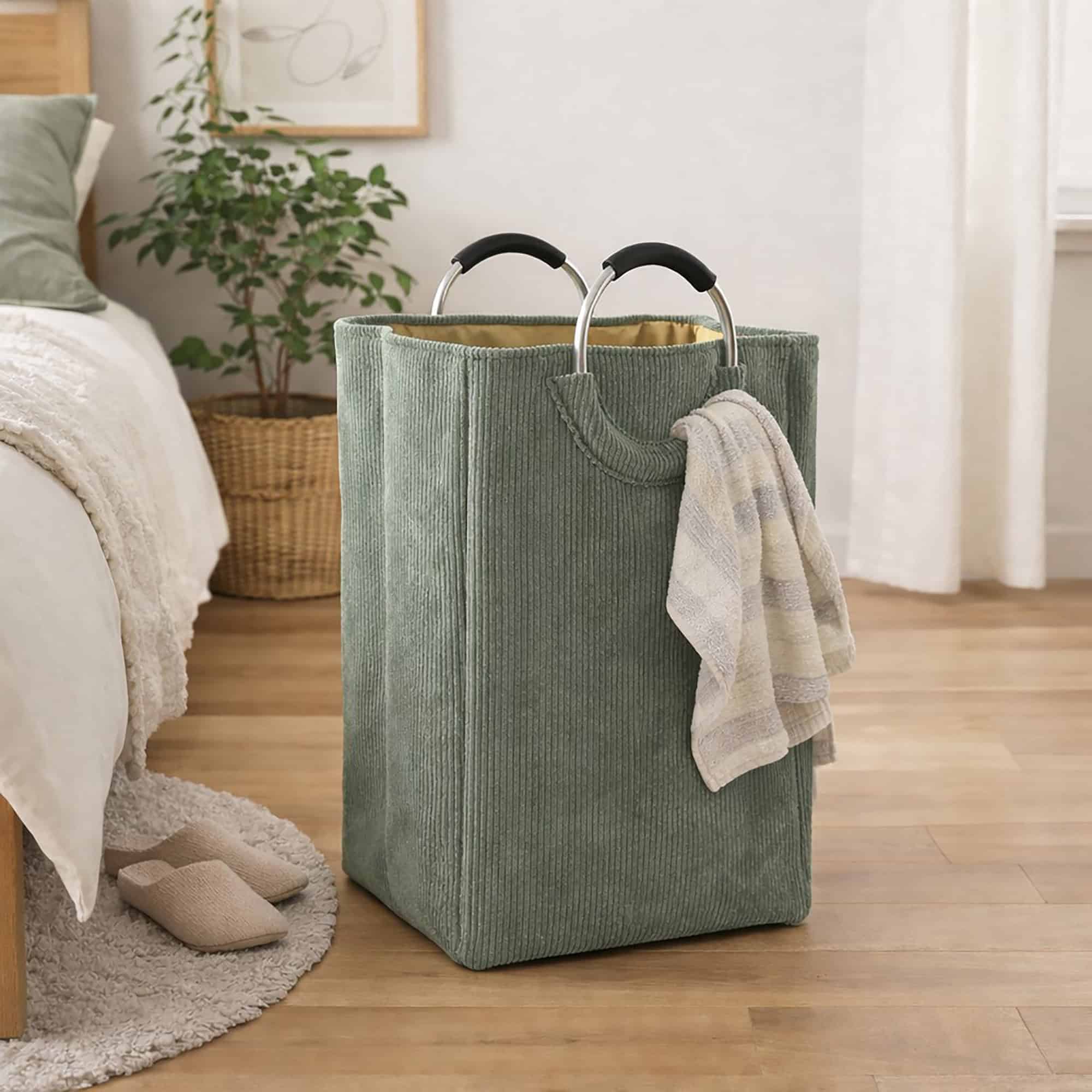 Sage green corduroy laundry hamper with metal handles and a draped towel, styled in a cozy bedroom beside a bed and houseplant.