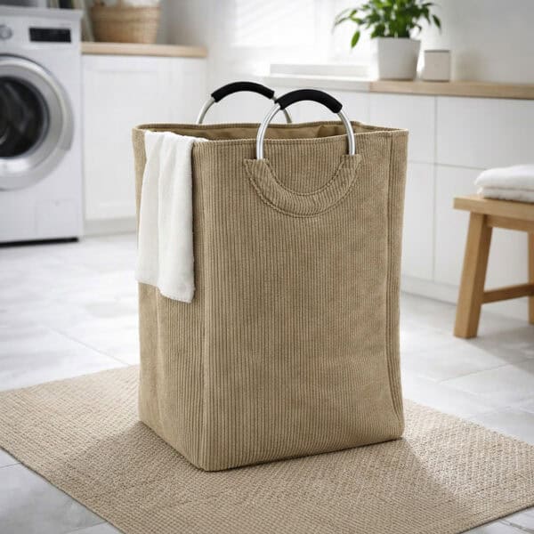 Sand beige corduroy laundry basket with silver metal handles and a white towel draped over the side, in a bright laundry room.