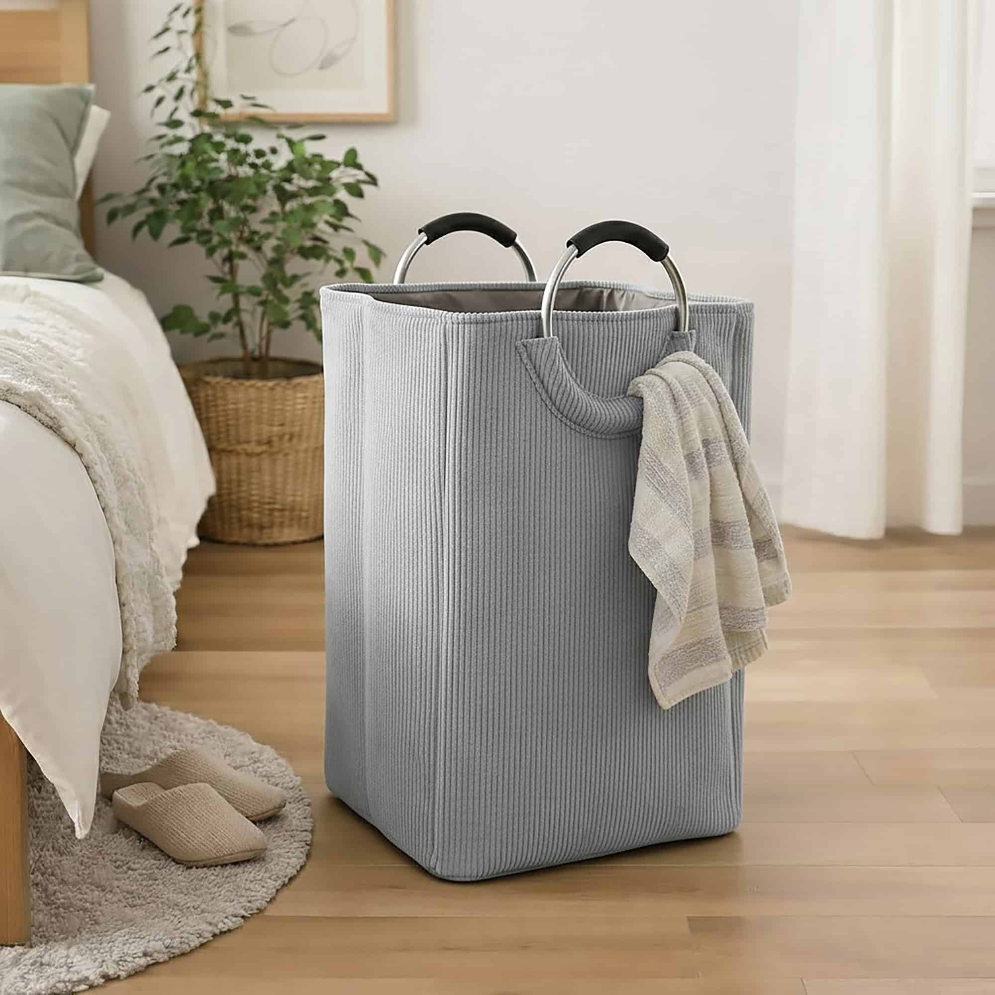 Soft gray corduroy laundry hamper with metal handles and a draped towel, styled in a cozy bedroom beside a bed and houseplant.
