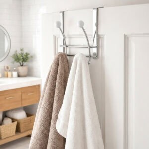 Chrome over-the-door hook rack with 4 white ball hooks, holding a beige and a white towel on a white bathroom door.