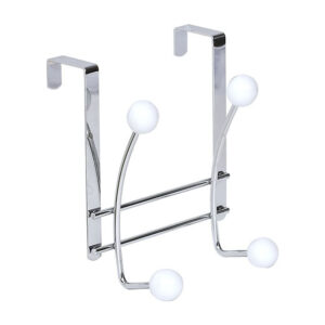 Chrome over-the-door hook rack with 4 white ball ends front view