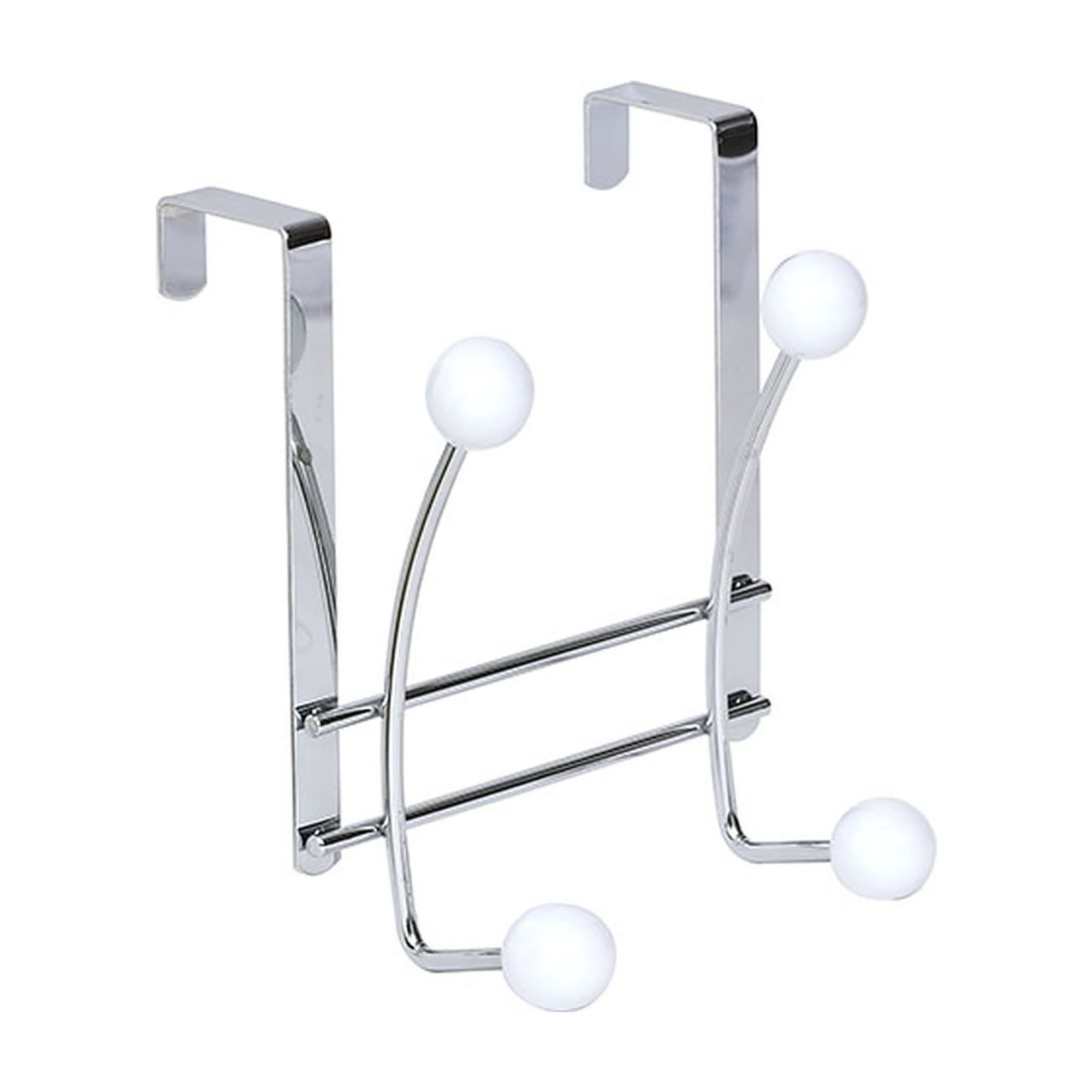 Chrome over-the-door hook rack with 4 white ball ends front view