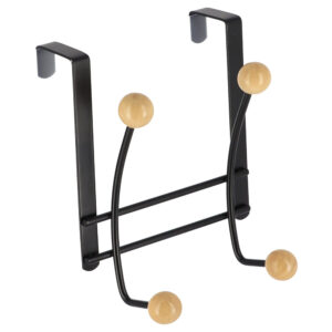Black over-the-door hook rack with 4 wooden ball ends front view