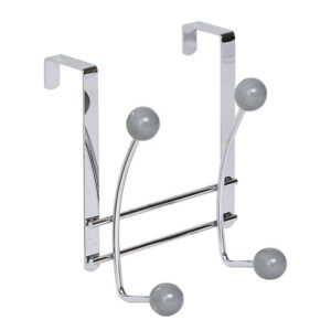 Chrome over-the-door hook rack with 4 gray ball ends front view