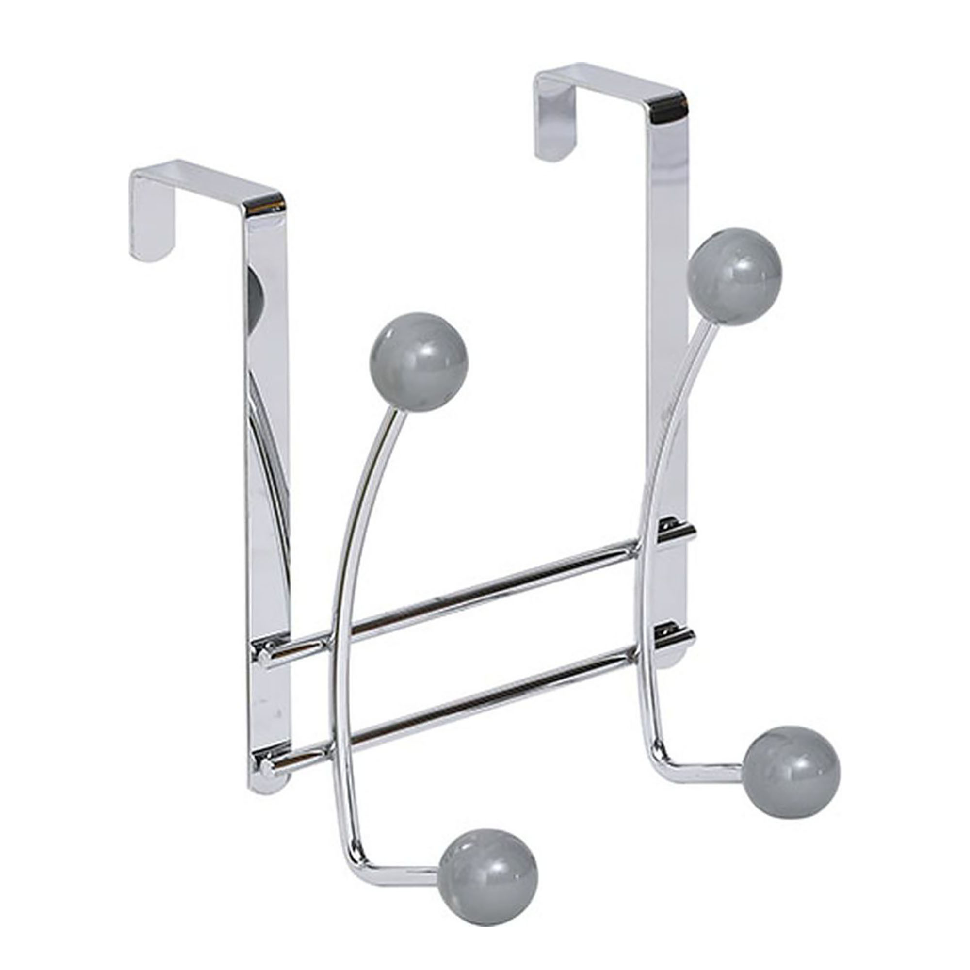 Chrome over-the-door hook rack with 4 gray ball ends front view