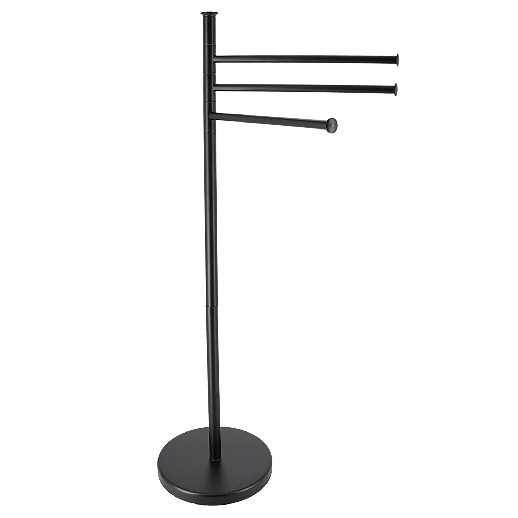 Freestanding black towel rack with 3 swivel arms and round weighted base