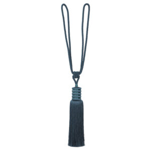 Decorative deep teal curtain tieback with long tassel and looped cord, ideal for heavy drapes, 33-inch total length