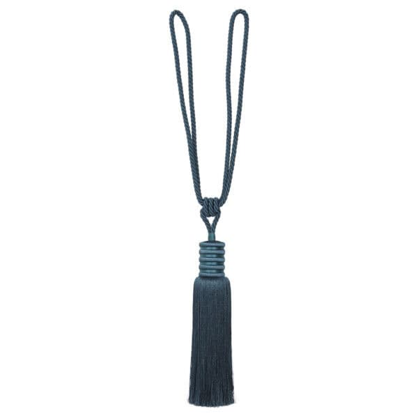 Decorative deep teal curtain tieback with long tassel and looped cord, ideal for heavy drapes, 33-inch total length