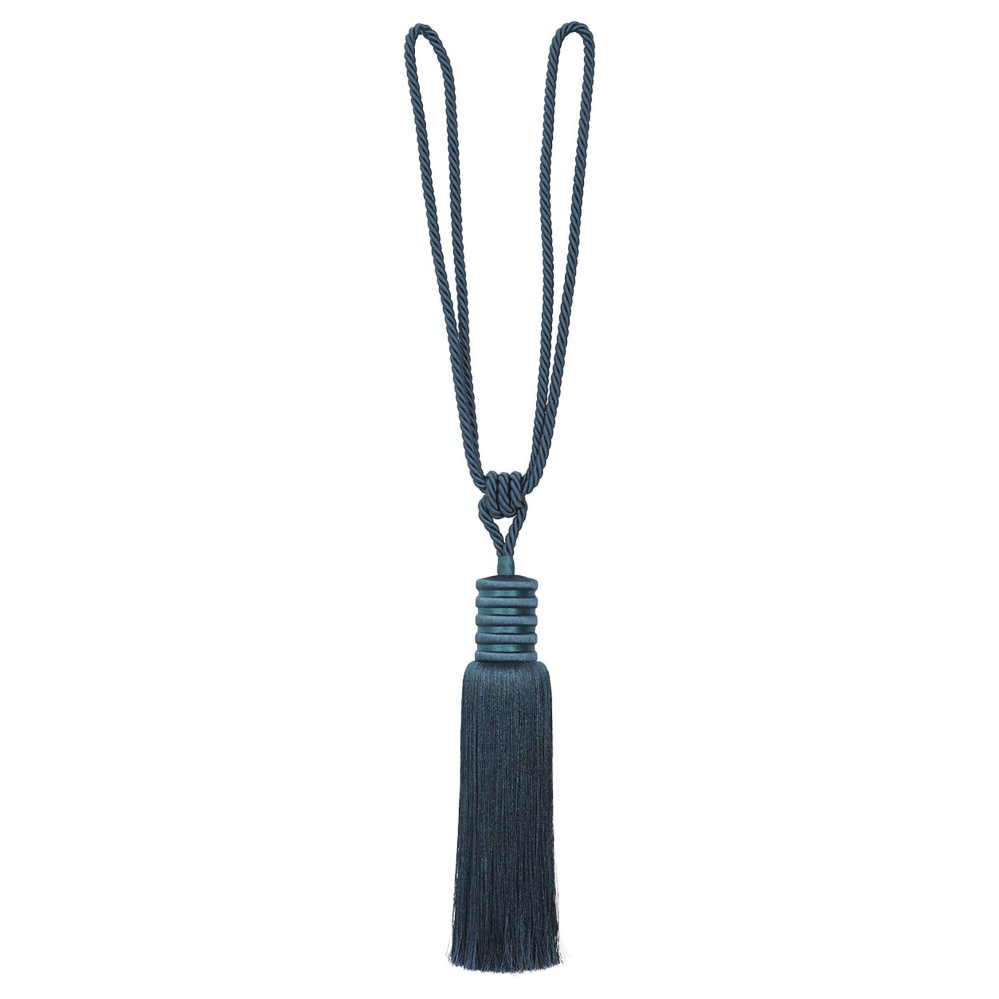 Decorative deep teal curtain tieback with long tassel and looped cord, ideal for heavy drapes, 33-inch total length