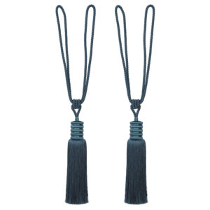 Decorative deep teal curtain tiebacks with long tassel and looped cord, ideal for heavy drapes, 33-inch total length